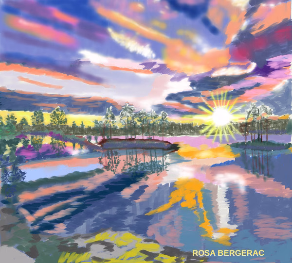 RIVER Landscape. Purple, Violet, Red, Orange, Yellow, White sky, with clouds. Mirrored in a lake surrounded by trees. The sun just rising above the horizon and shining its rays on the landscape.